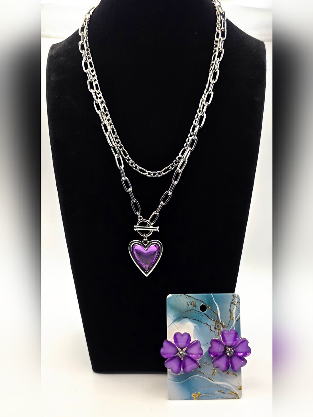 Purple Heart Pendant Necklace Flower Earrings Set Silver Tone Statement Gift